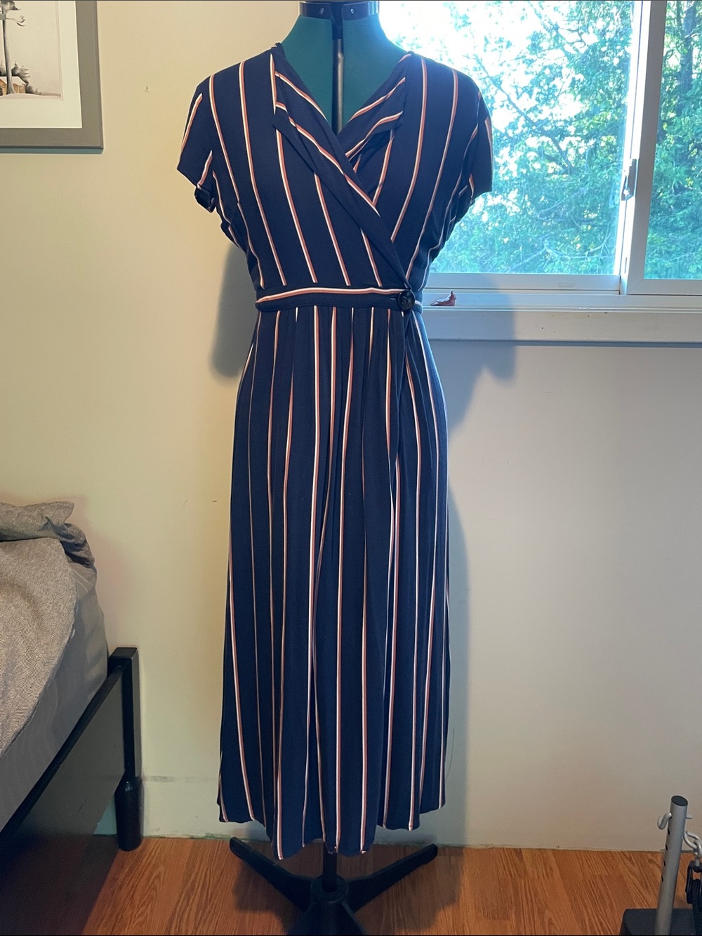 Promod Navy Midi Wrap Dress with Pink and White Stripes